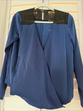 GUESS Blue Wrap-Front Blouse with Black Lace Yoke